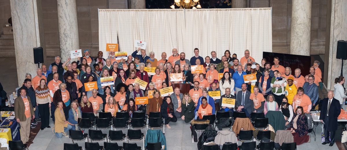 Photo of 2025 participants at Renewable Energy Day at the Indiana Statehouse, celebrating independent community solar and the push toward cleaner, cheaper energy sources like wind and solar