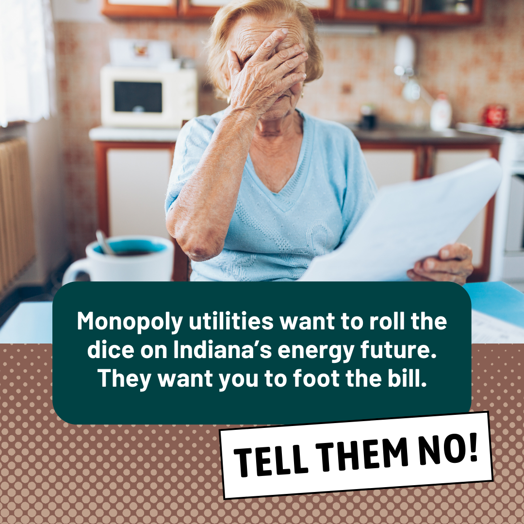 image of ratepayer getting a high utility bill because Indiana lawmakers are betting on expensive fossil fuels and nuclear energy that doesn't exist yet and want to pass along the cost to Hoosier ratepayers